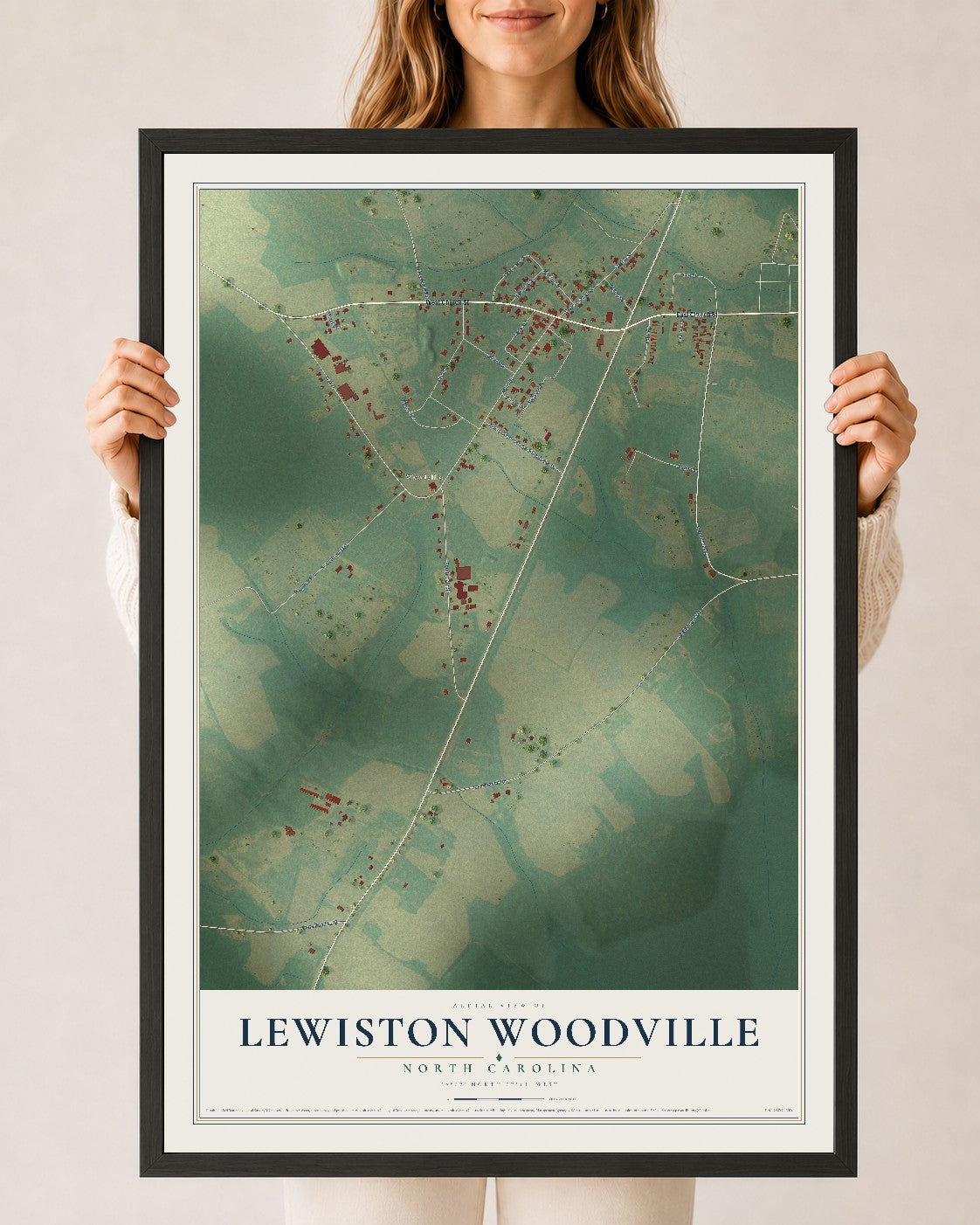 Map of Lewiston Woodville, North Carolina, 24 x 36 inch print in a black wood frame