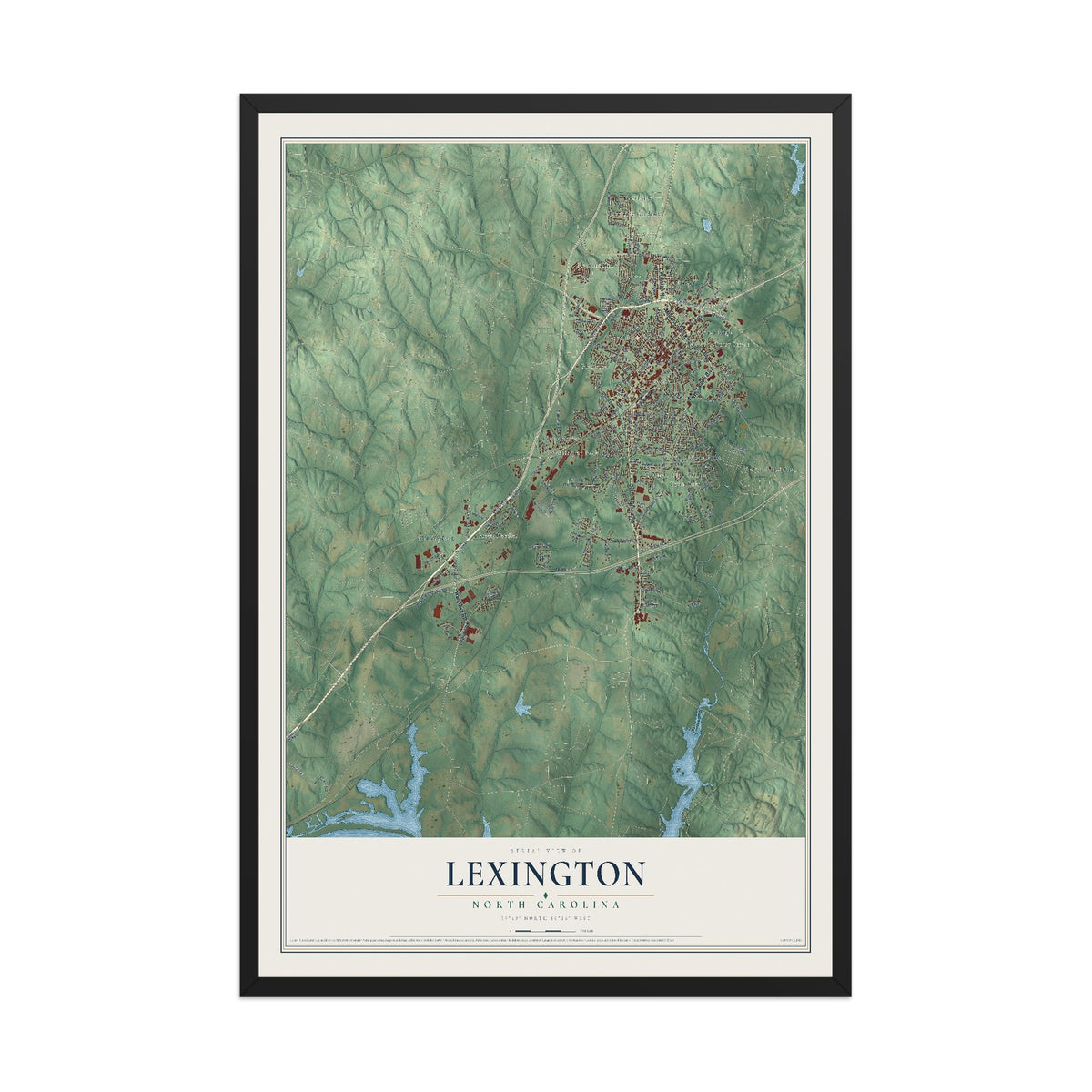 Map of Lexington, North Carolina, 12 x 18 inch print in a black wood frame