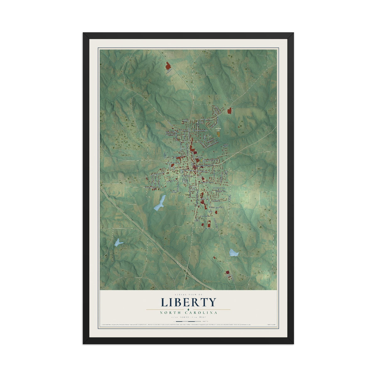 Map of Liberty, North Carolina, 12 x 18 inch print in a black wood frame