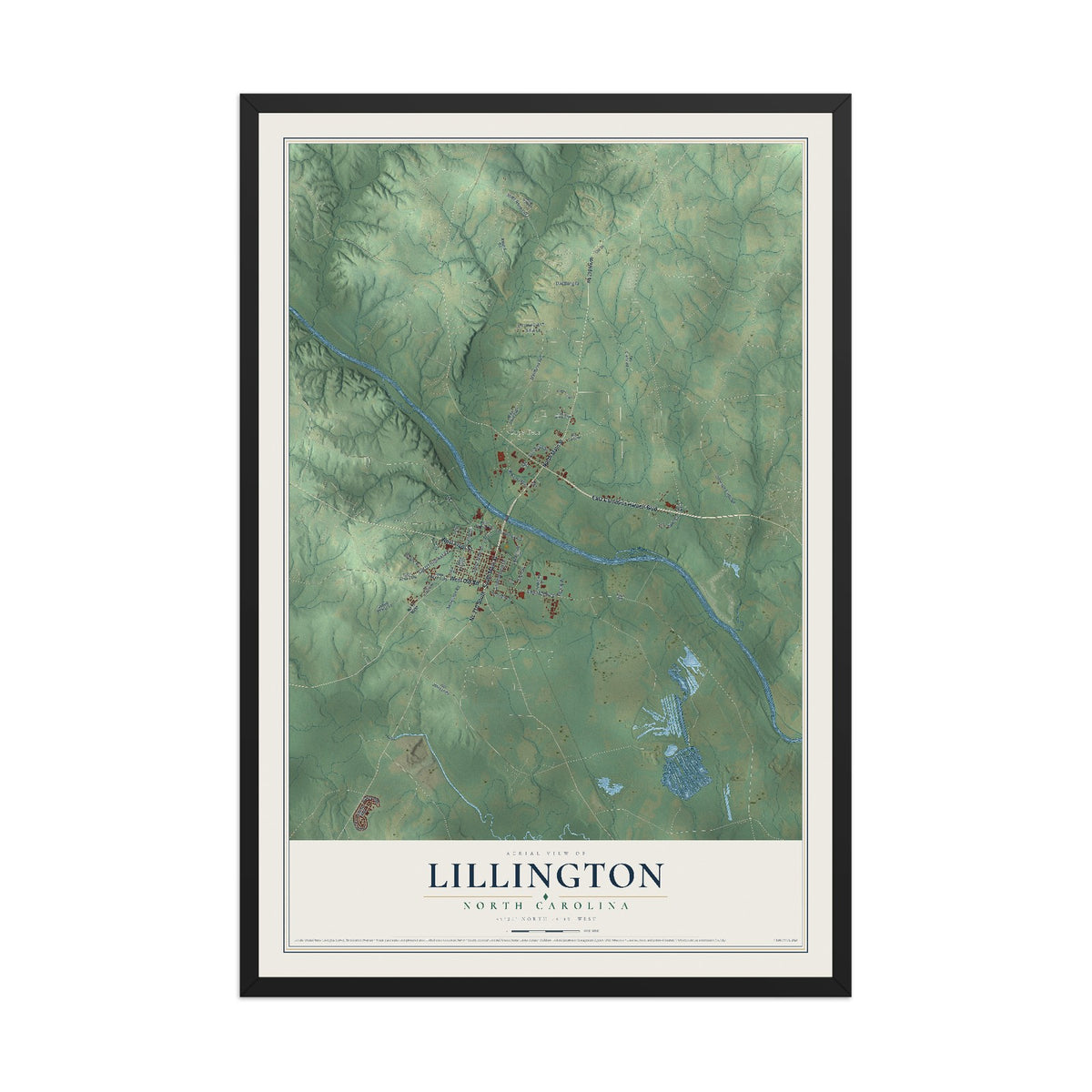 Map of Lillington, North Carolina, 12 x 18 inch print in a black wood frame