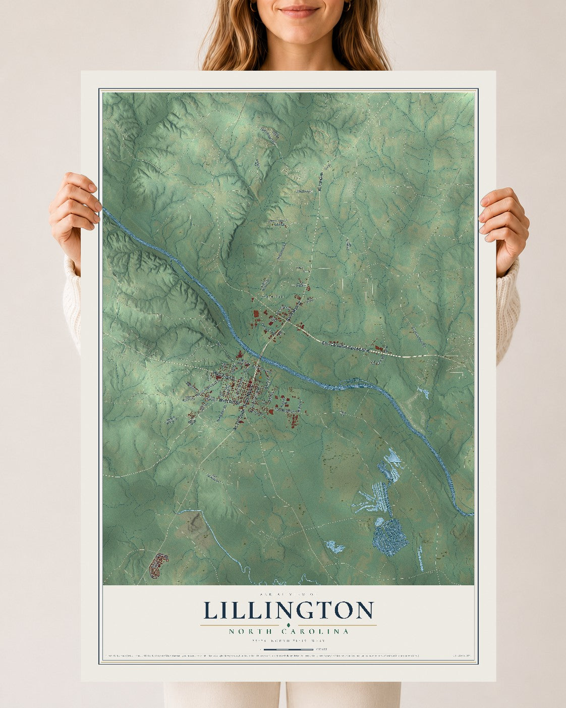 Map of Lillington, North Carolina, 24 x 36 inch unframed archival matte print