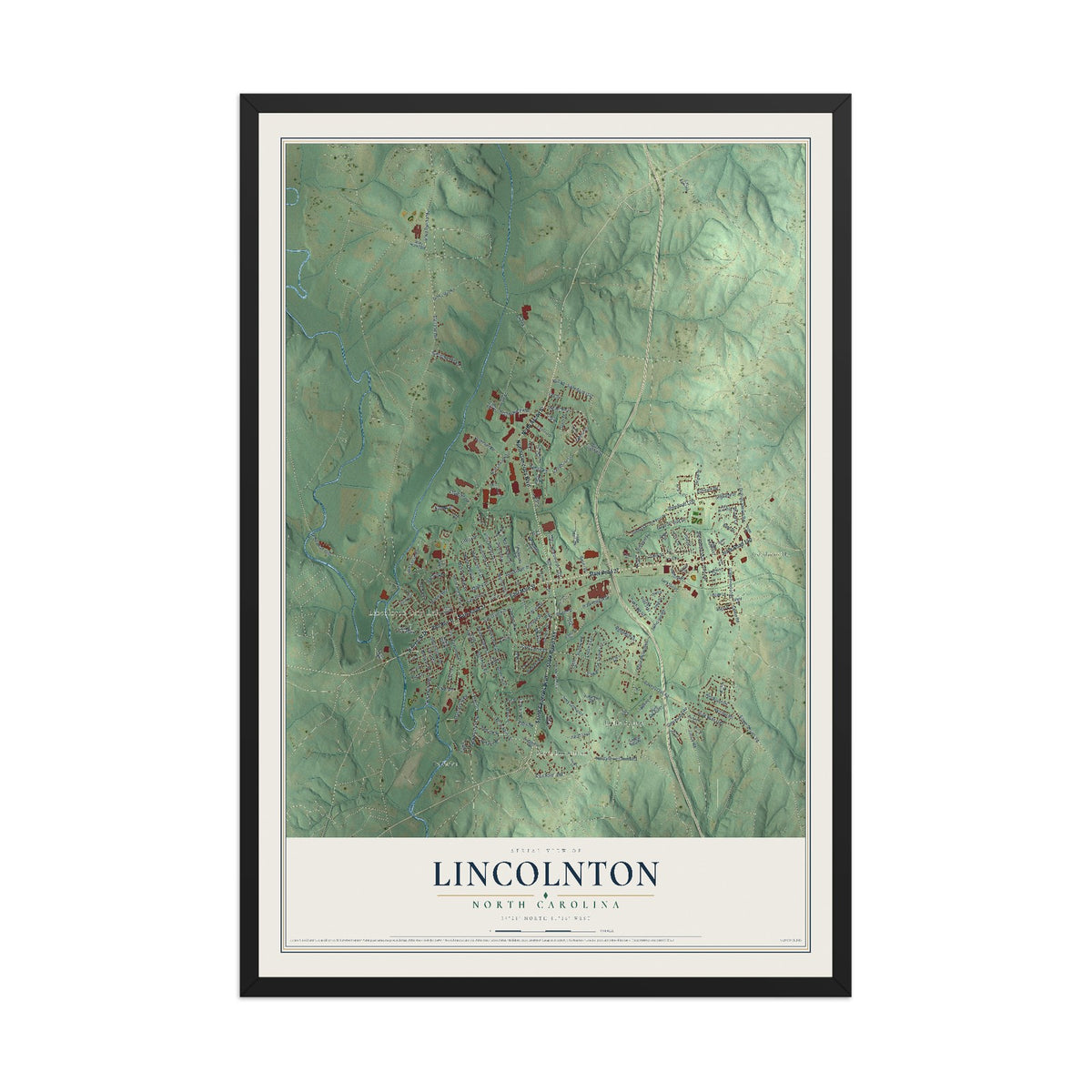 Map of Lincolnton, North Carolina, 12 x 18 inch print in a black wood frame