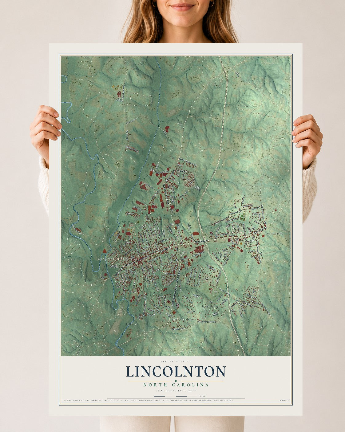 Map of Lincolnton, North Carolina, 24 x 36 inch unframed archival matte print