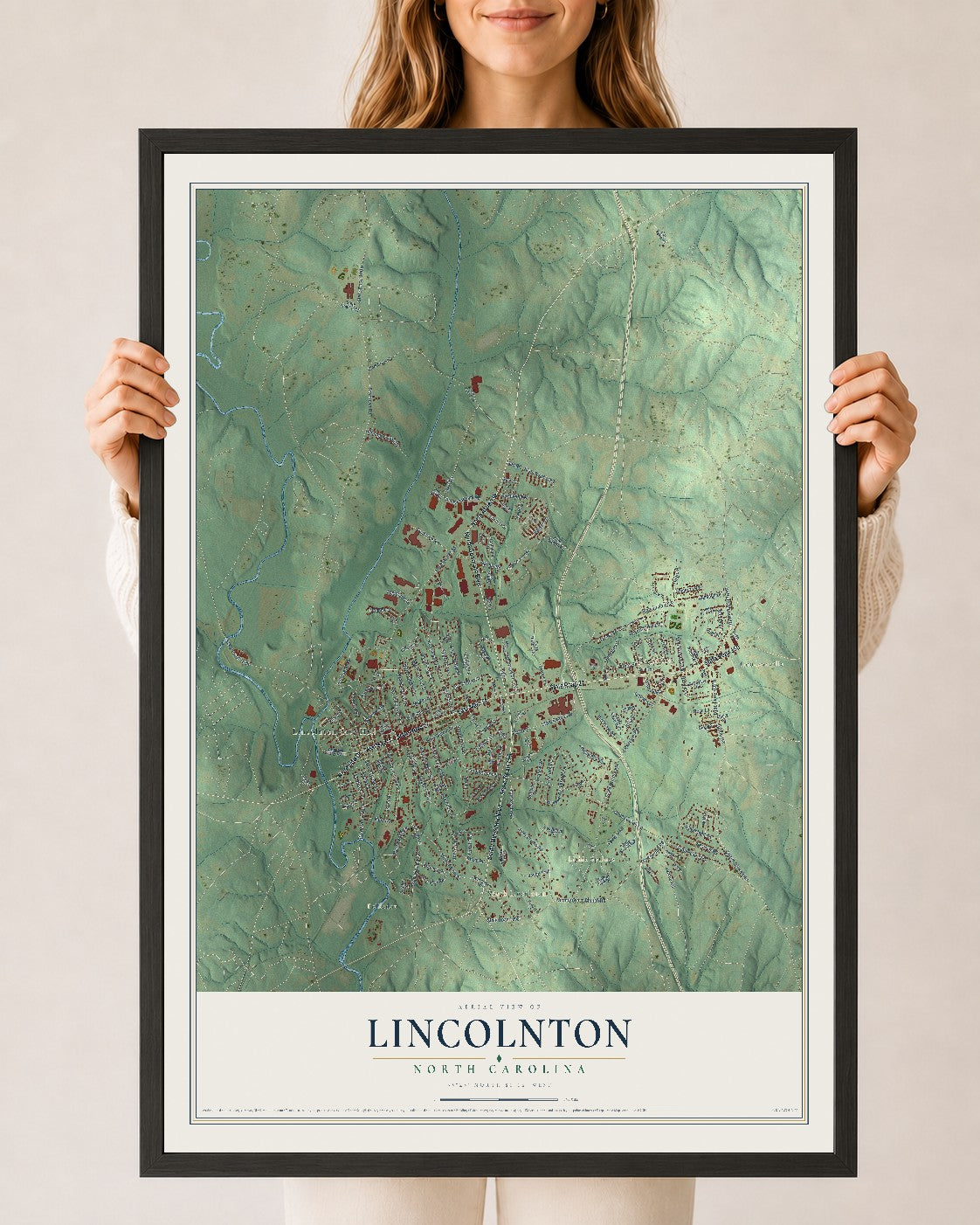 Map of Lincolnton, North Carolina, 24 x 36 inch print in a black wood frame