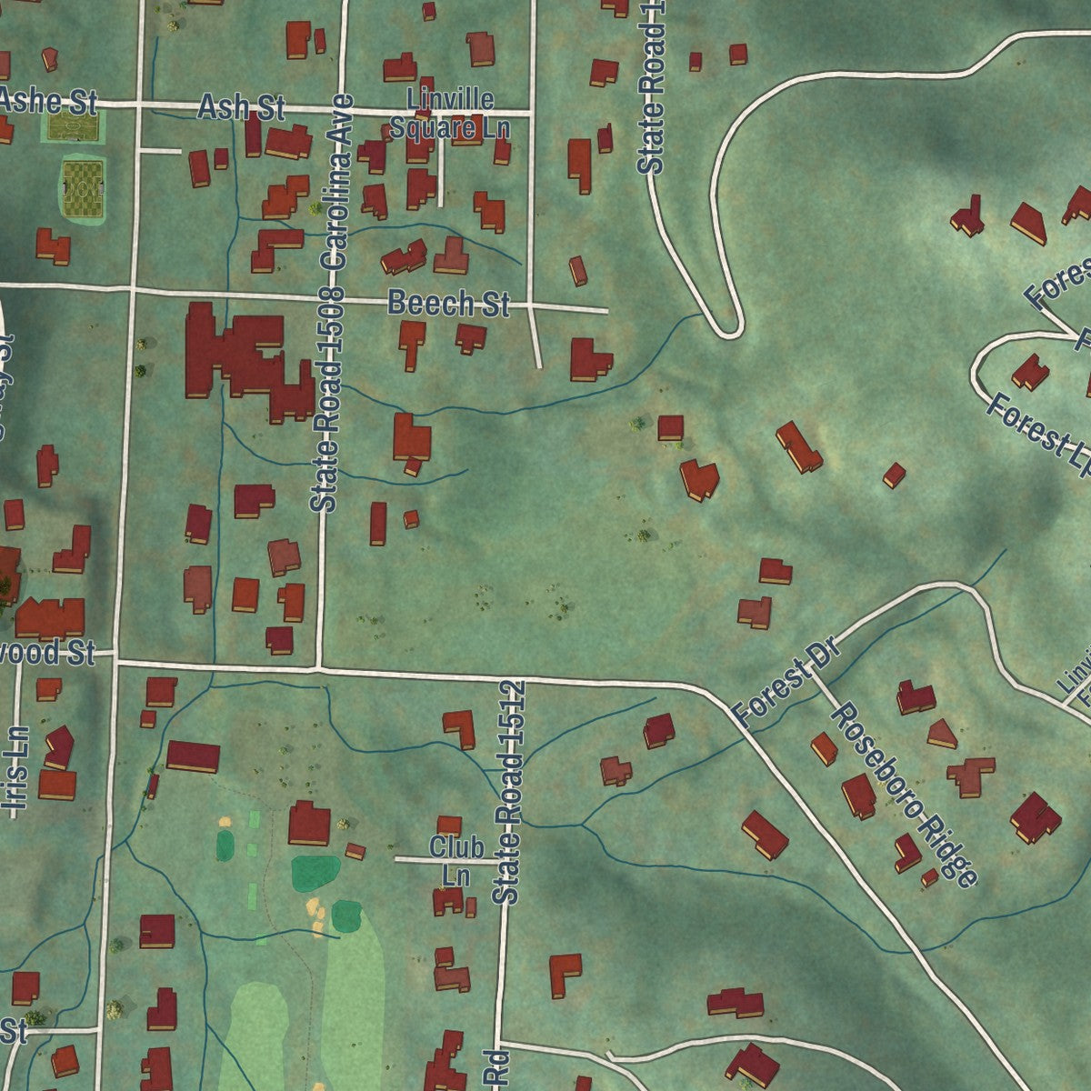 Close-up of the map of Linville, North Carolina print showing street and building detail