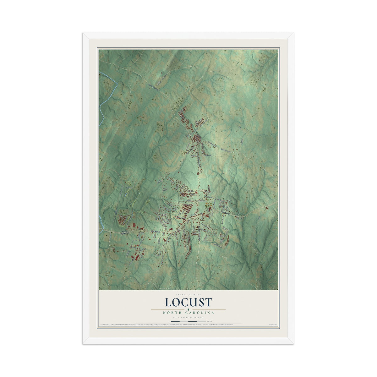Map of Locust, North Carolina, 12 x 18 inch print in a white wood frame