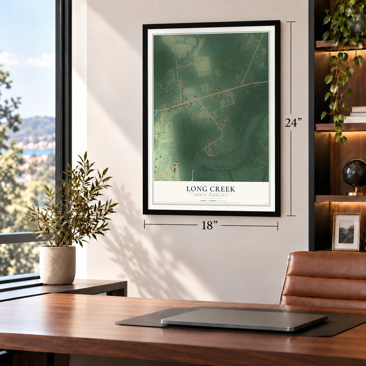 Long Creek, North Carolina map, 18 x 24 inch print in a black frame in a home office