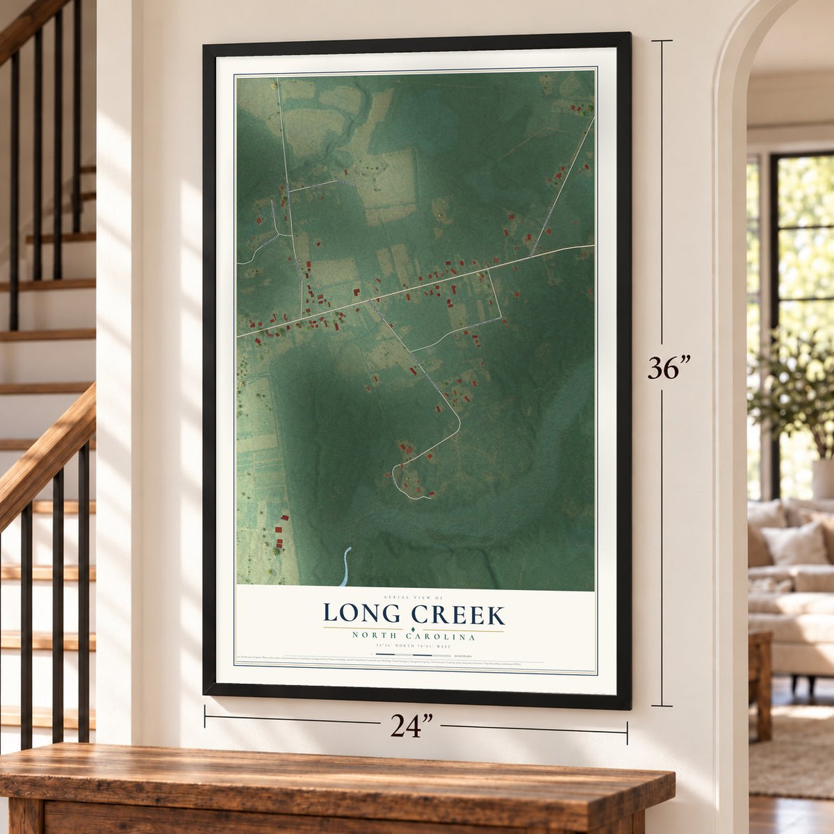Long Creek, North Carolina map, 24 x 36 inch print in a black frame by a staircase
