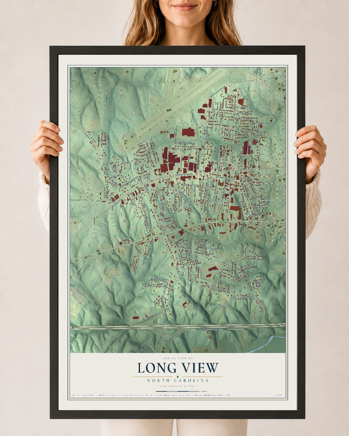 Map of Long View, North Carolina, 24 x 36 inch print in a black wood frame