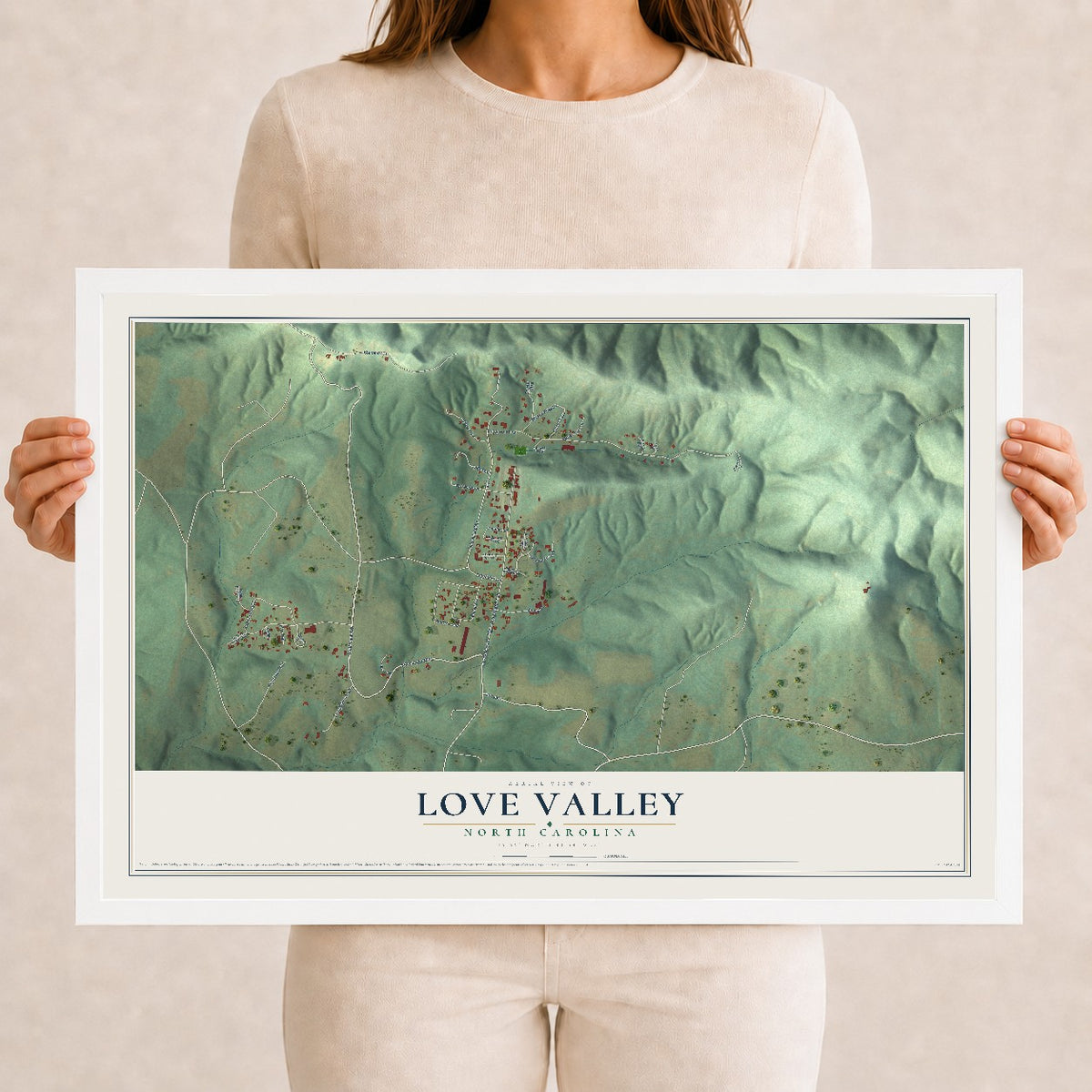 Map of Love Valley, North Carolina, 12 x 18 inch print in a white wood frame