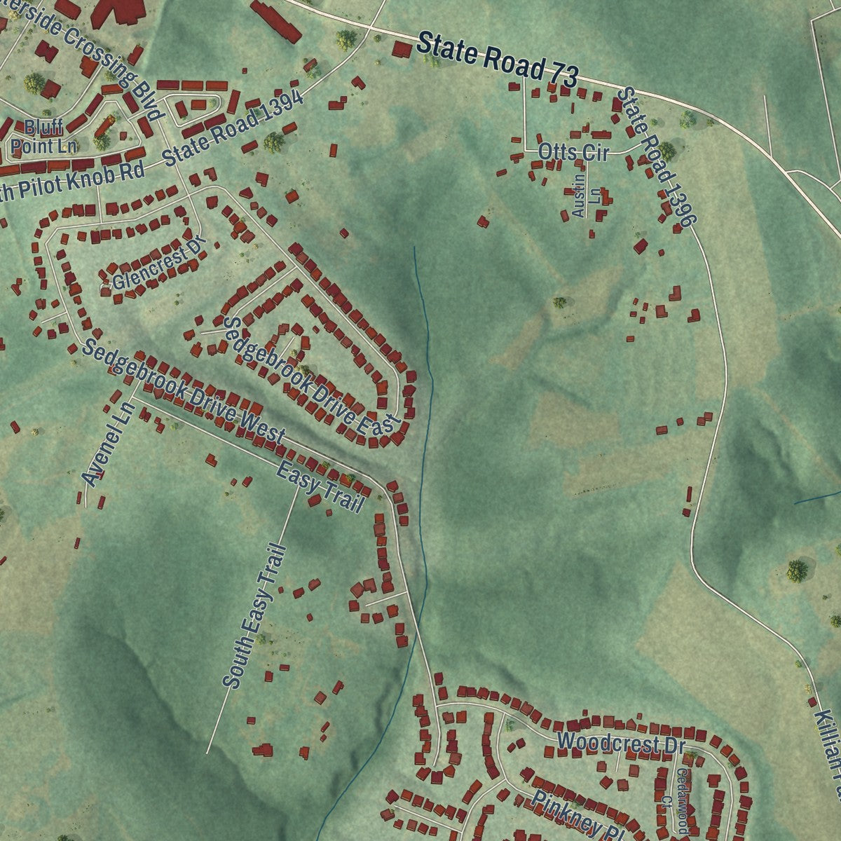 Close-up of the map of Lowesville, North Carolina print showing street and building detail