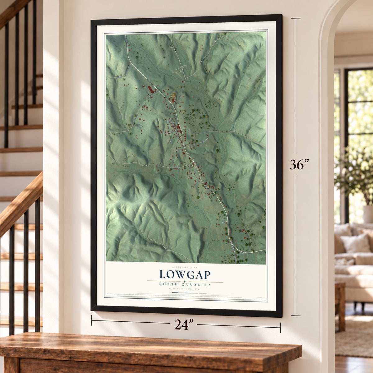 Lowgap, North Carolina map, 24 x 36 inch print in a black frame by a staircase