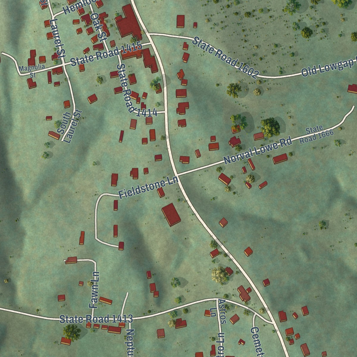Close-up of the map of Lowgap, North Carolina print showing street and building detail