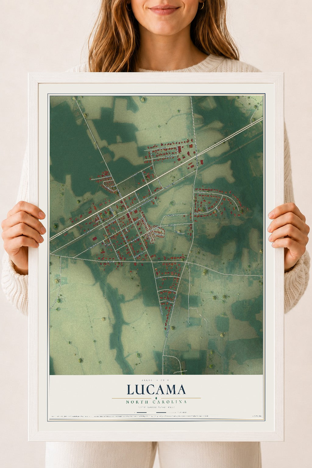 Map of Lucama, North Carolina, 18 x 24 inch print in a white wood frame