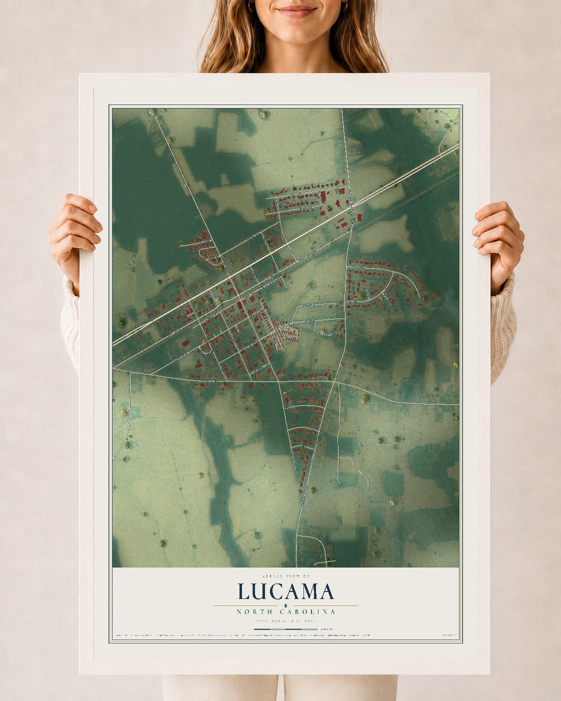 Map of Lucama, North Carolina, 24 x 36 inch print in a white wood frame