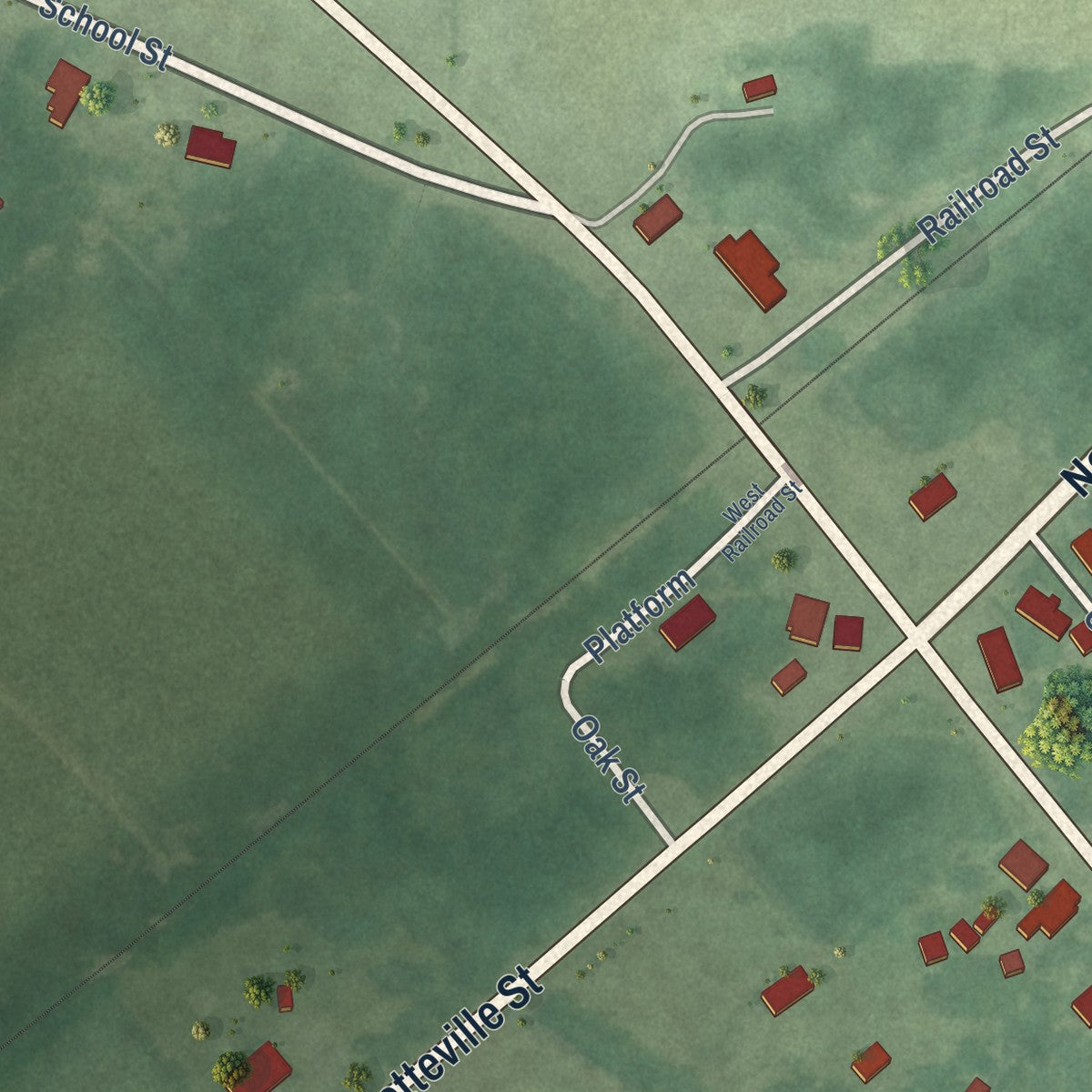 Second close-up of the map of Lumber Bridge, North Carolina print showing more streets and buildings
