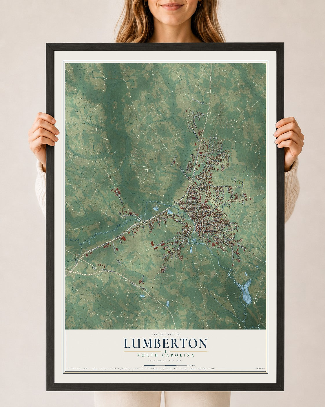 Map of Lumberton, North Carolina, 24 x 36 inch print in a black wood frame