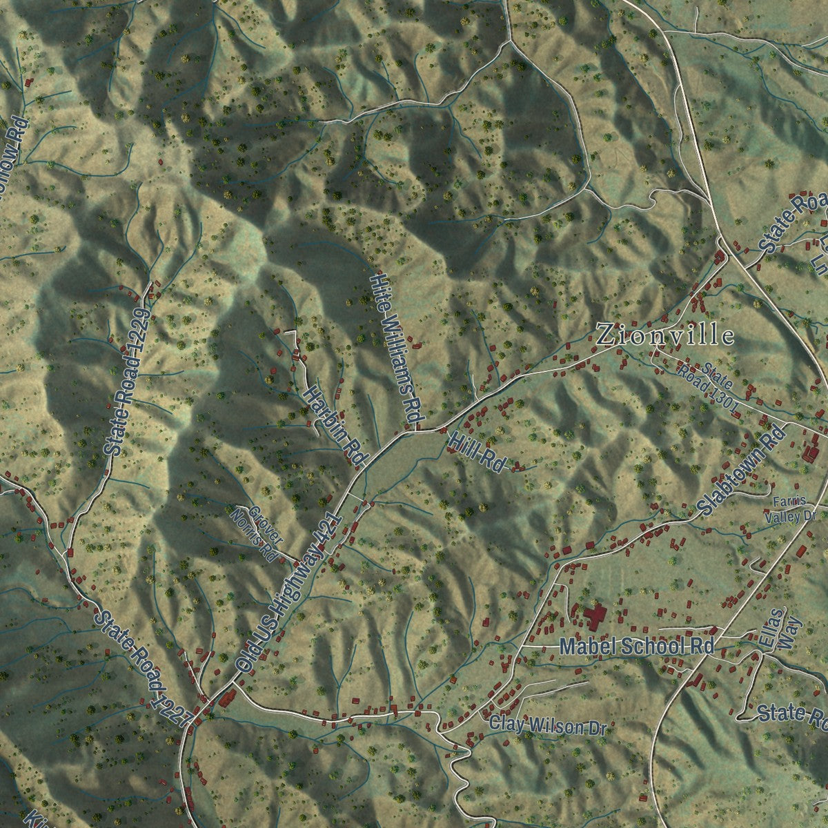 Close-up of the map of Mabel, North Carolina print showing street and building detail
