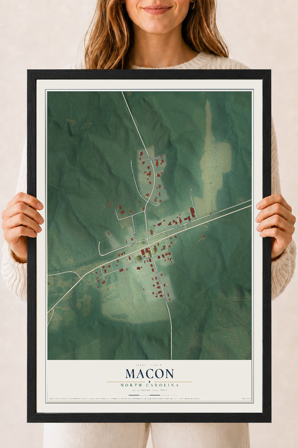 Map of Macon, North Carolina, 18 x 24 inch print in a black wood frame