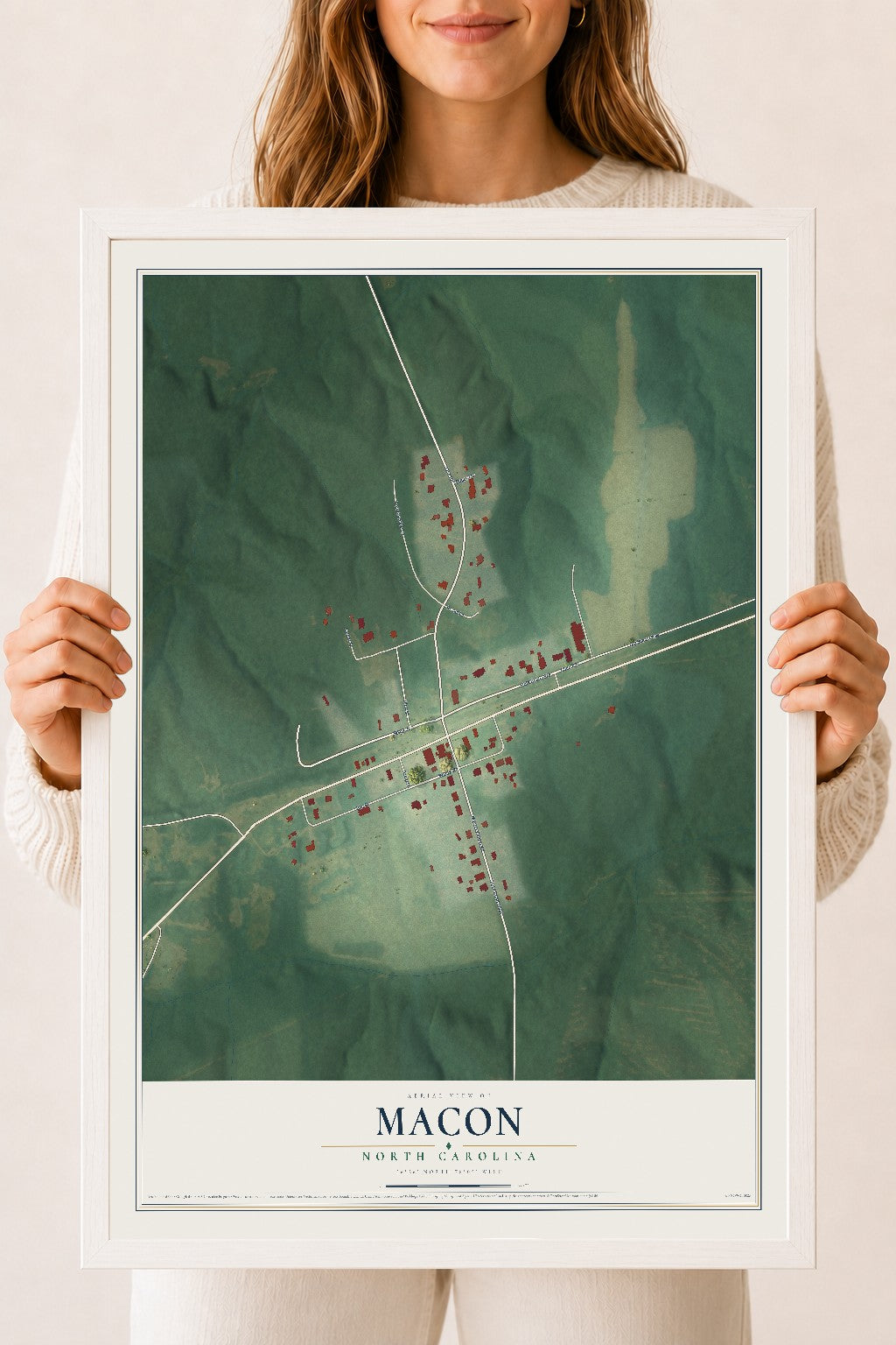 Map of Macon, North Carolina, 18 x 24 inch print in a white wood frame