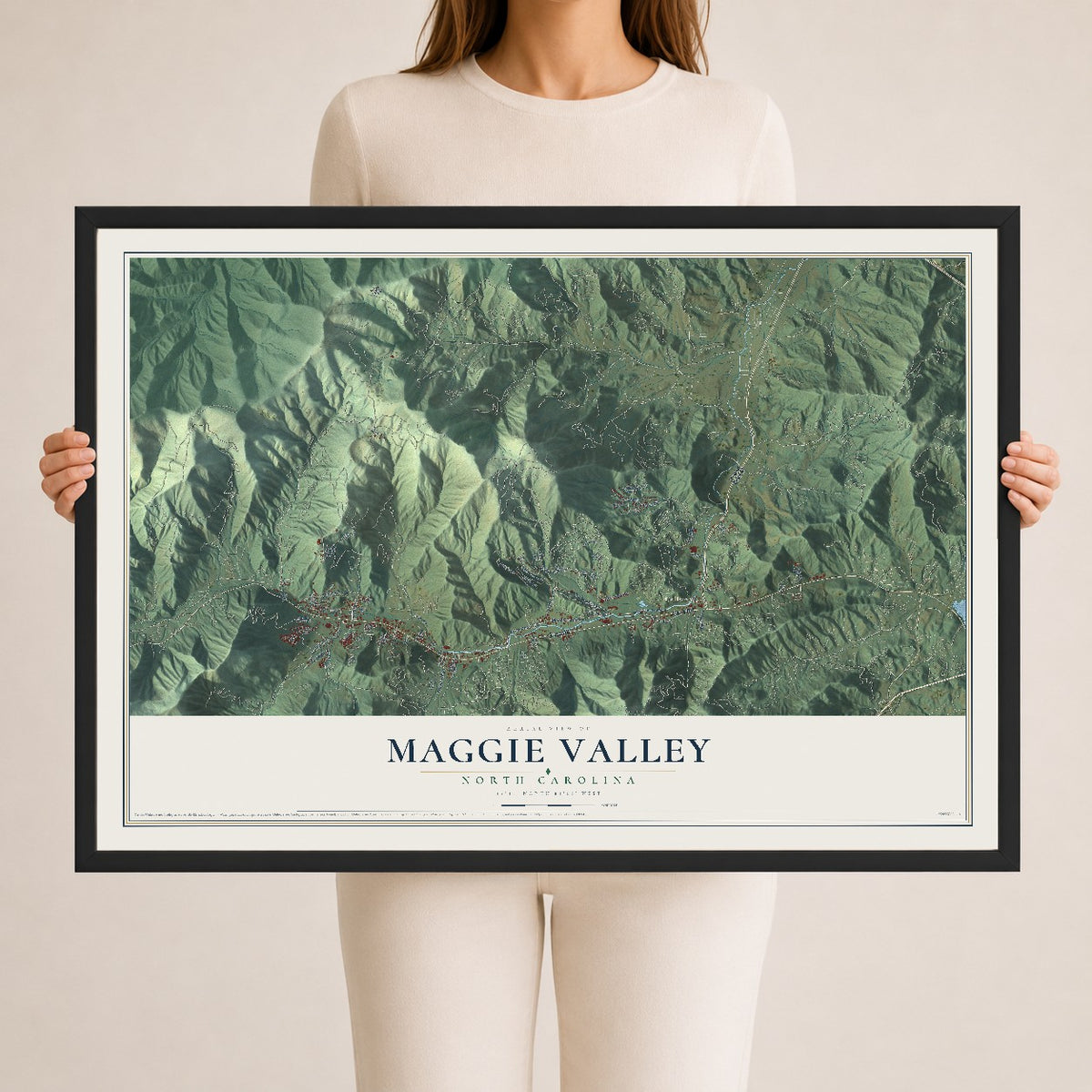Map of Maggie Valley, North Carolina, 24 x 36 inch print in a black wood frame