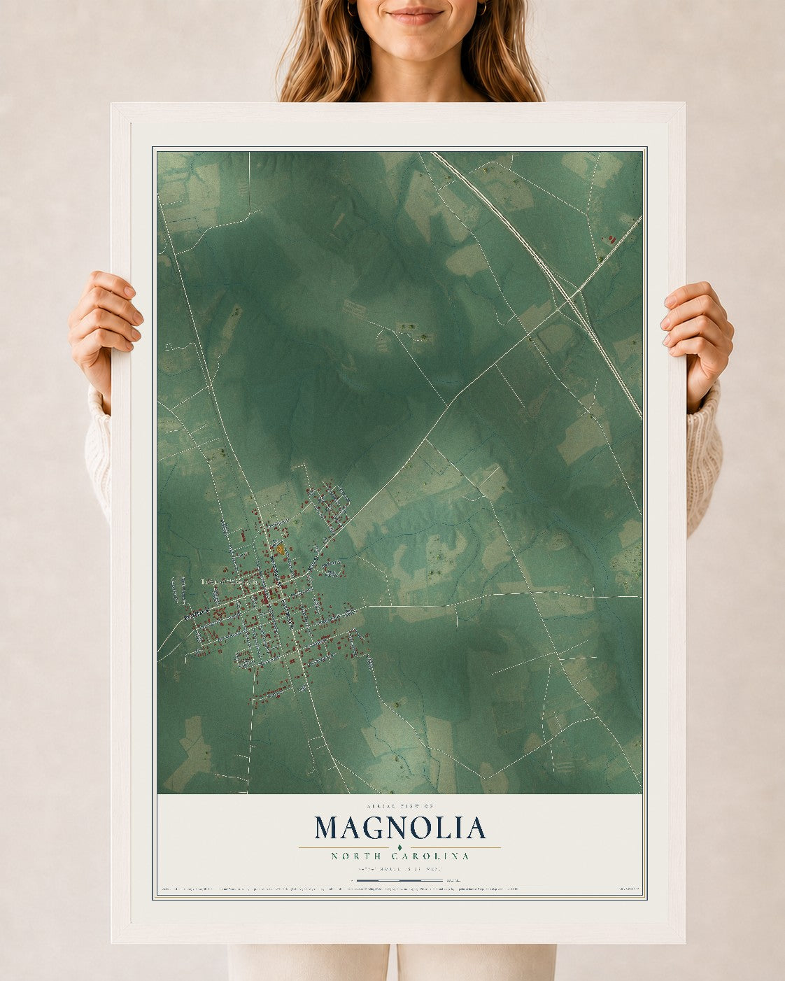 Map of Magnolia, North Carolina, 24 x 36 inch print in a white wood frame