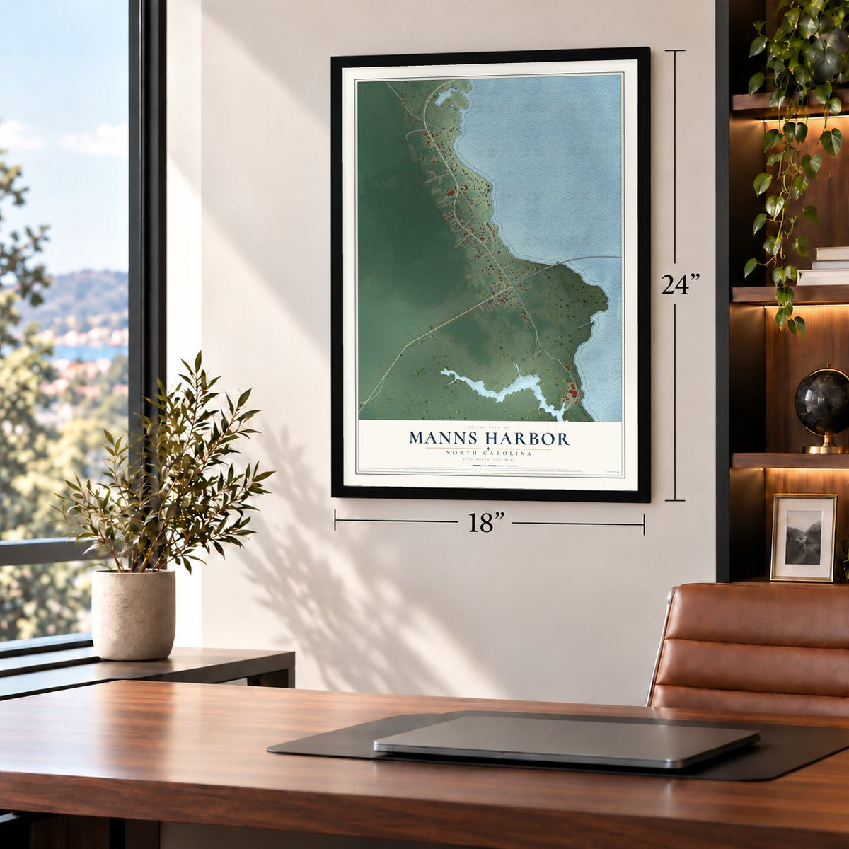 Manns Harbor, North Carolina map, 18 x 24 inch print in a black frame in a home office