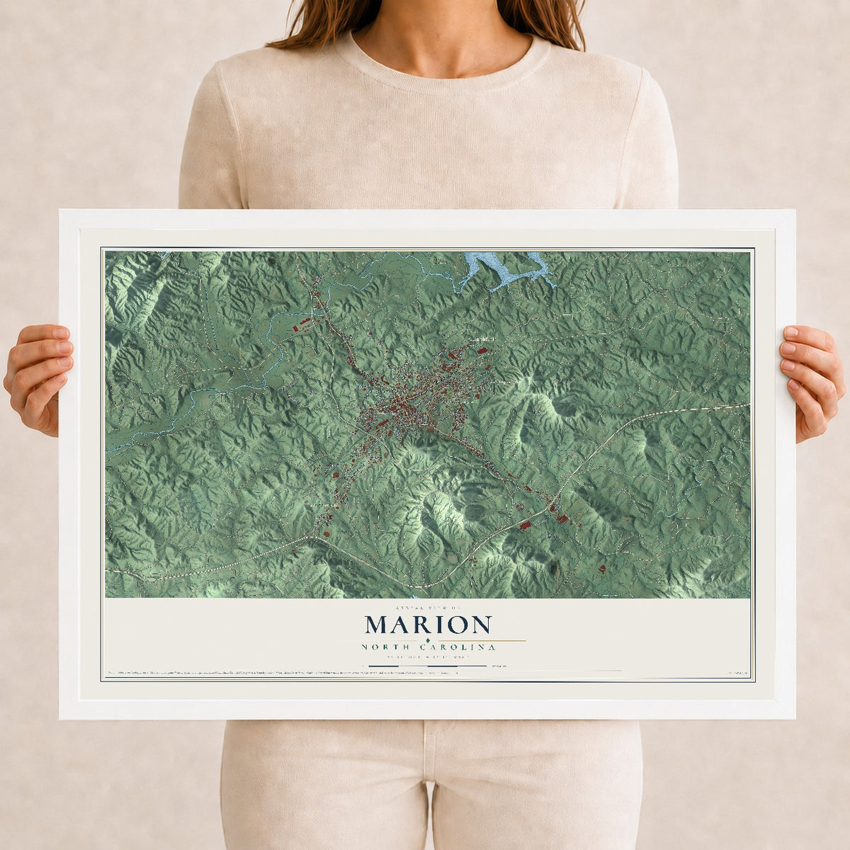Map of Marion, North Carolina, 12 x 18 inch print in a white wood frame