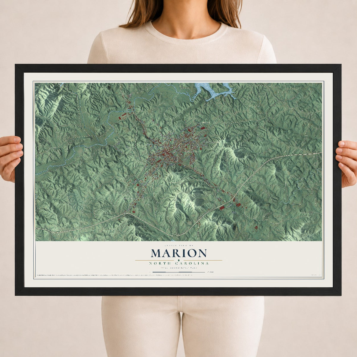 Map of Marion, North Carolina, 18 x 24 inch print in a black wood frame