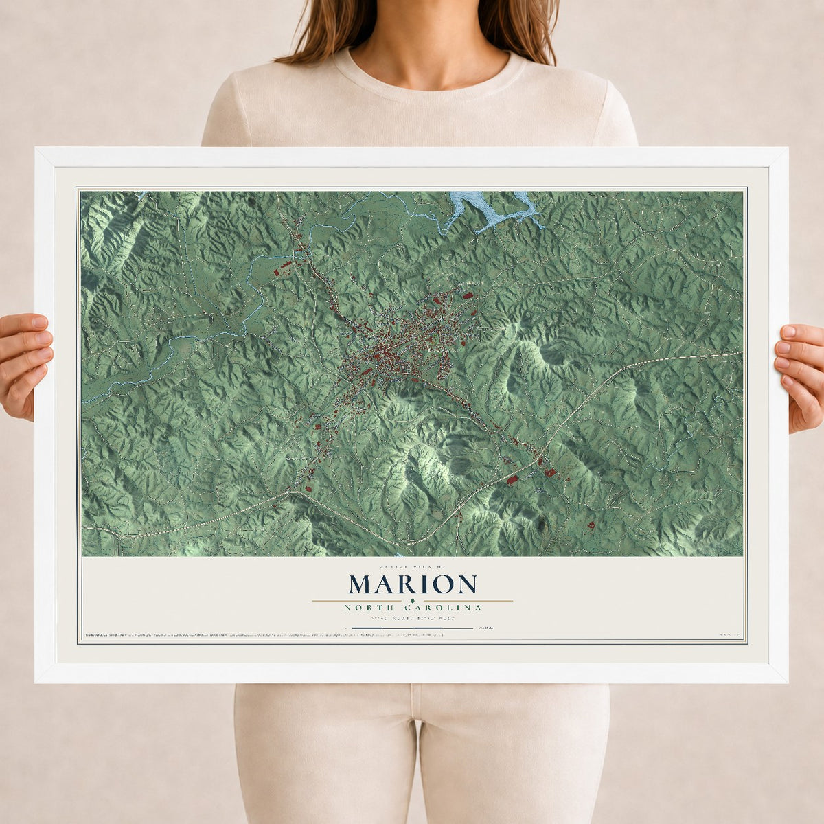 Map of Marion, North Carolina, 18 x 24 inch print in a white wood frame