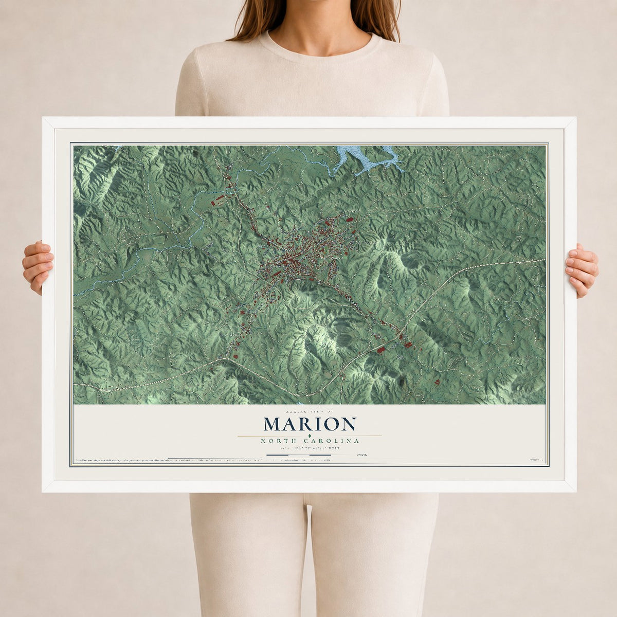 Map of Marion, North Carolina, 24 x 36 inch print in a white wood frame