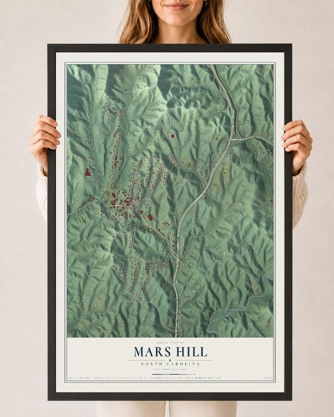 Map of Mars Hill, North Carolina, 24 x 36 inch print in a black wood frame