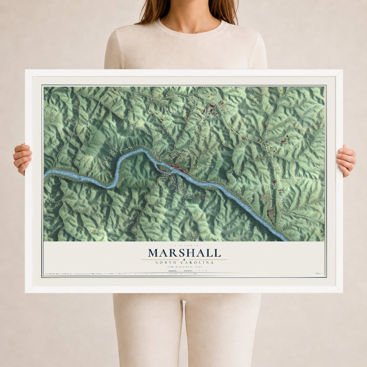 Map of Marshall, North Carolina, 24 x 36 inch print in a white wood frame