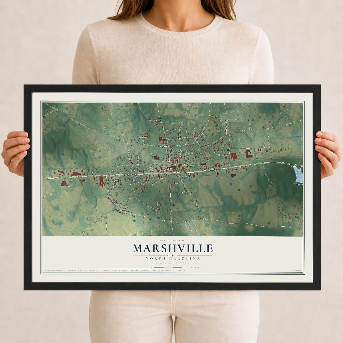 Map of Marshville, North Carolina, 12 x 18 inch print in a black wood frame