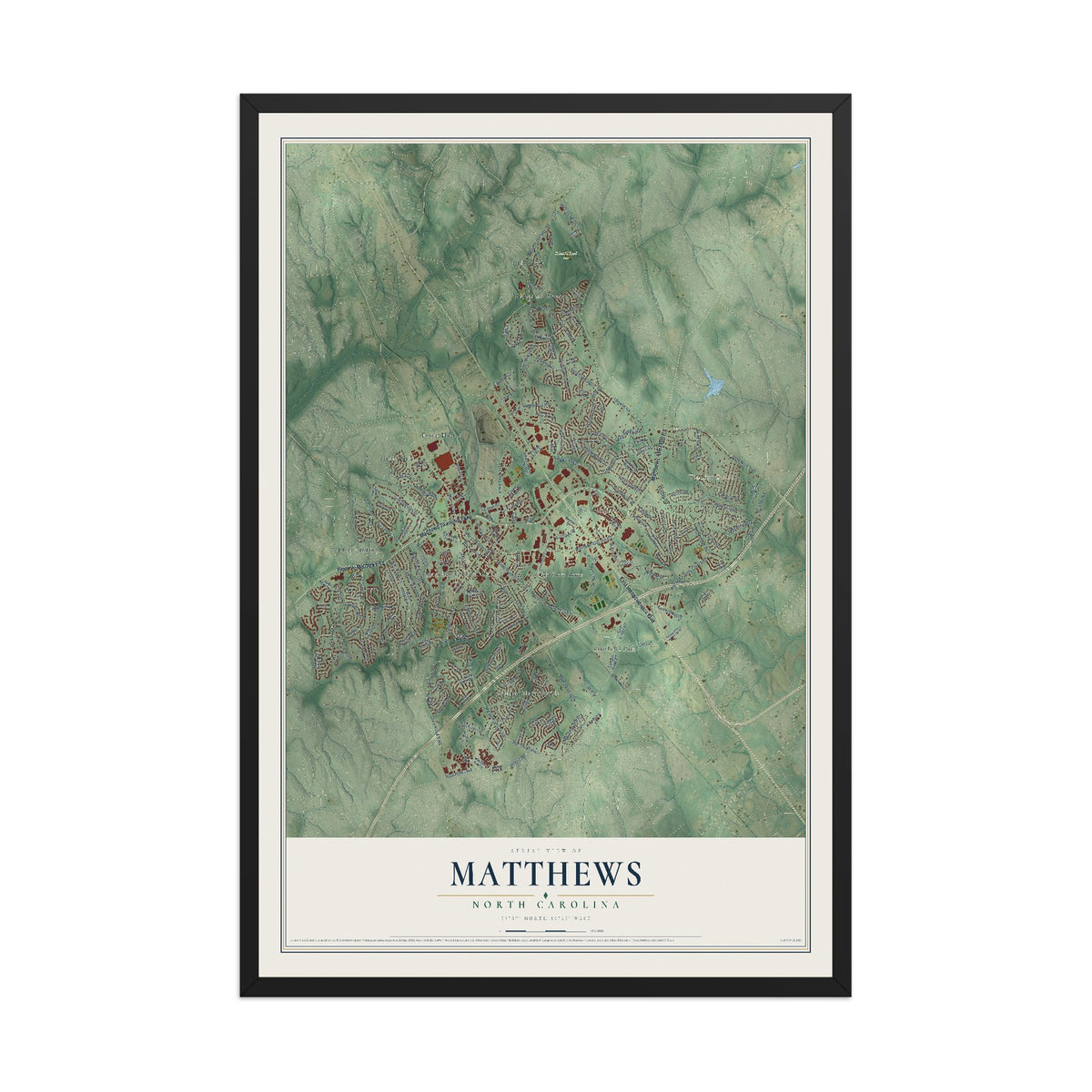 Map of Matthews, North Carolina, 12 x 18 inch print in a black wood frame