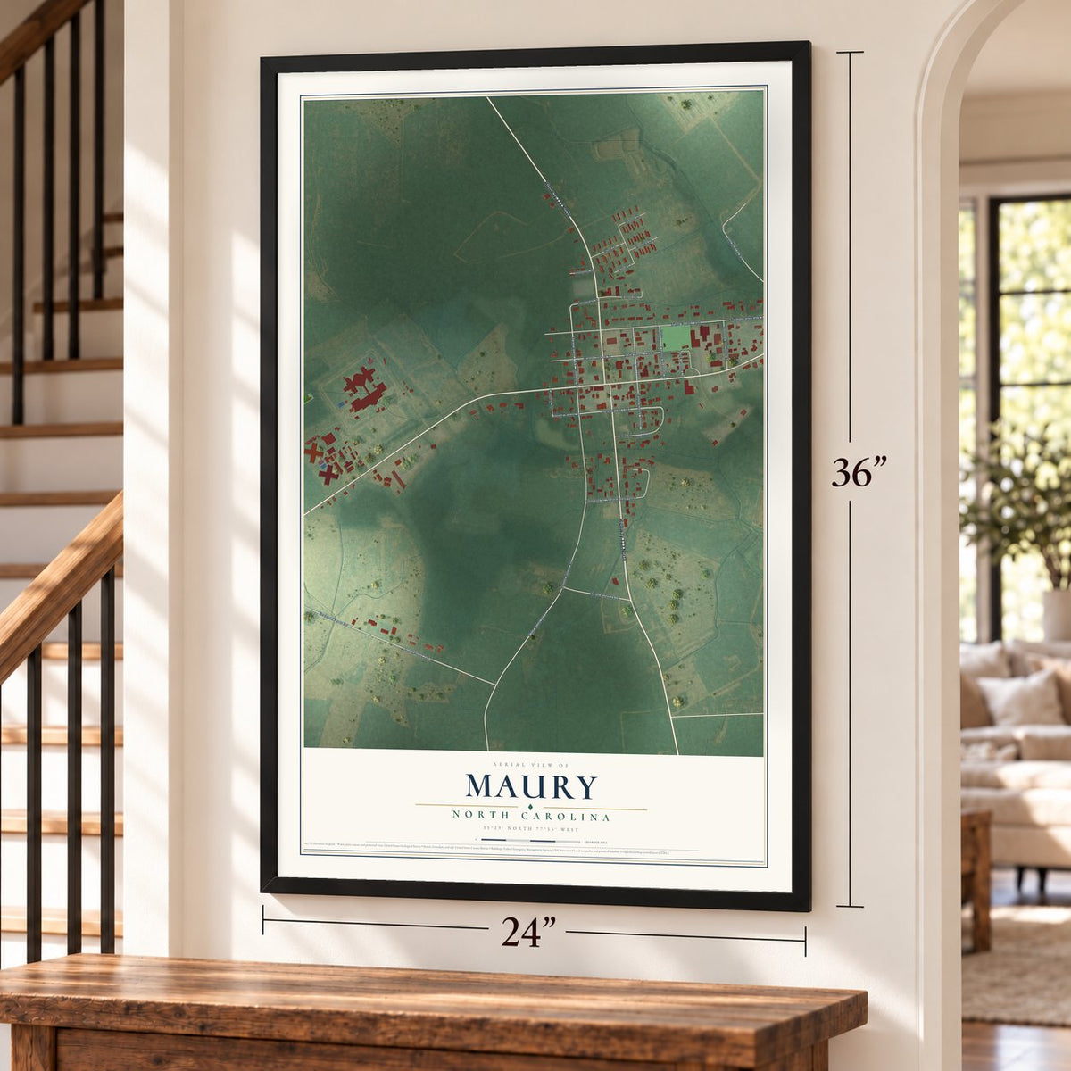 Maury, North Carolina map, 24 x 36 inch print in a black frame by a staircase