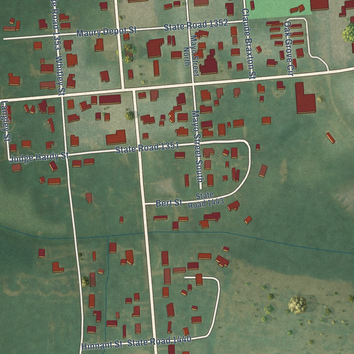 Close-up of the map of Maury, North Carolina print showing street and building detail