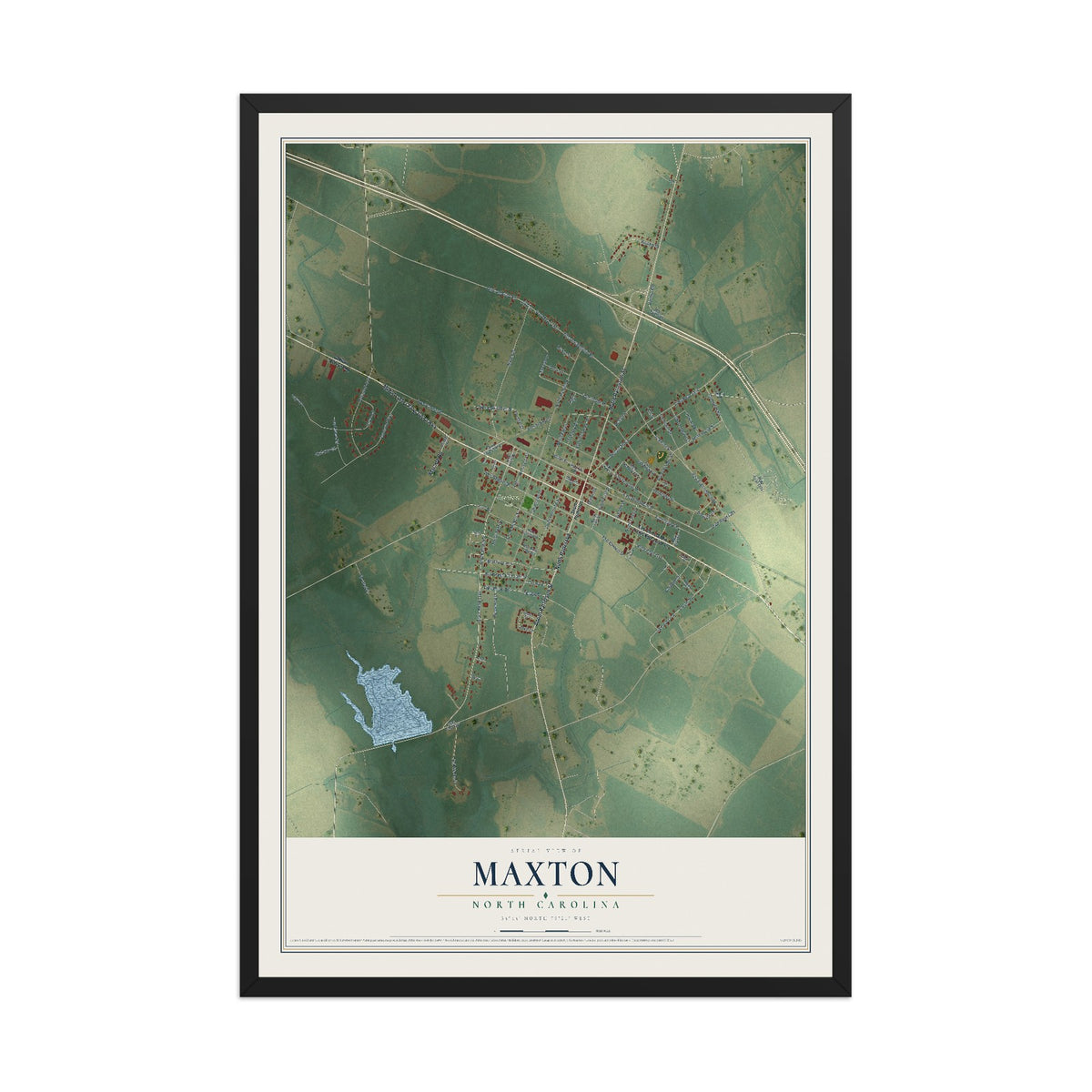Map of Maxton, North Carolina, 12 x 18 inch print in a black wood frame