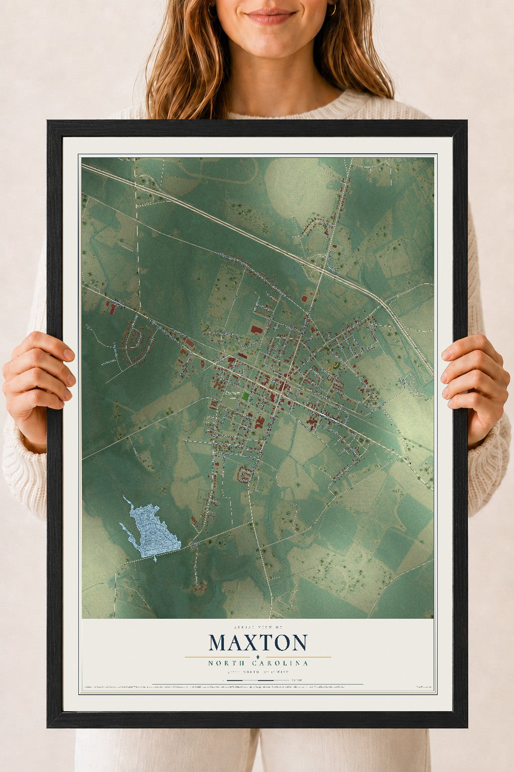 Map of Maxton, North Carolina, 18 x 24 inch print in a black wood frame