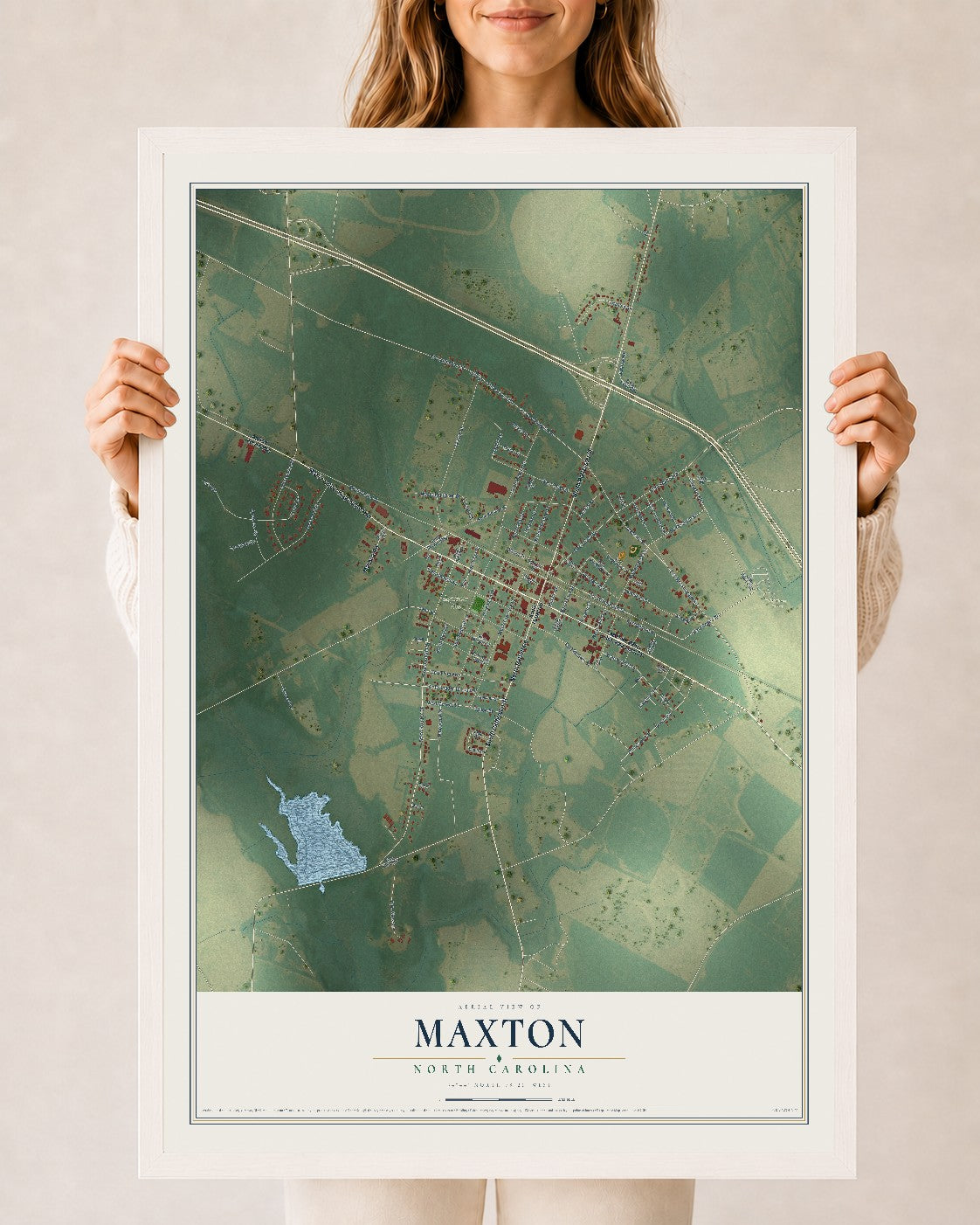 Map of Maxton, North Carolina, 24 x 36 inch print in a white wood frame