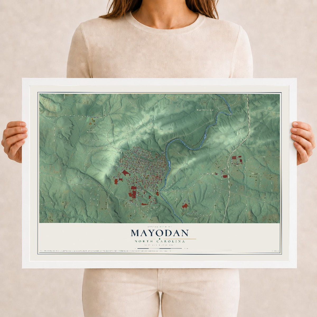 Map of Mayodan, North Carolina, 12 x 18 inch print in a white wood frame
