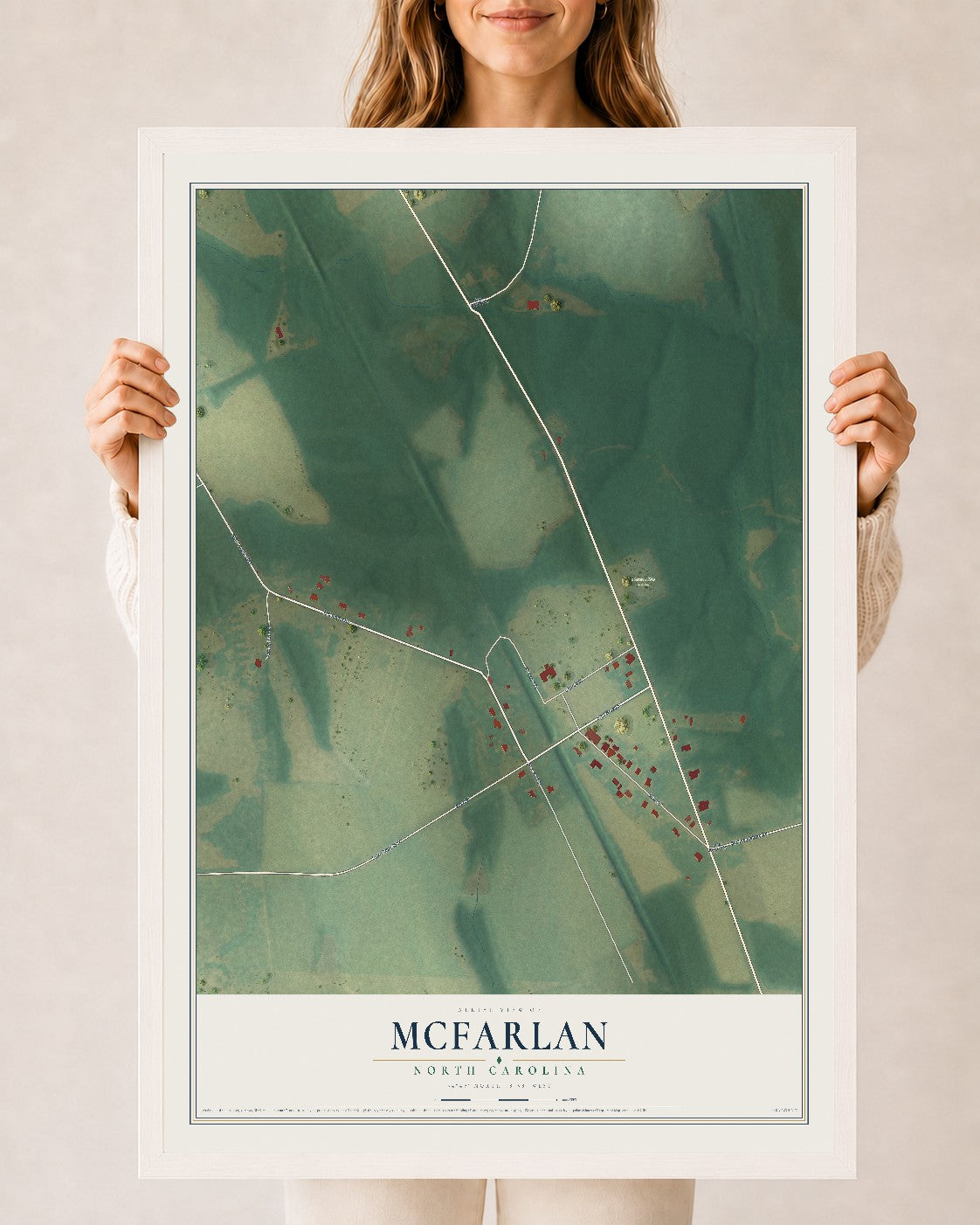 Map of McFarlan, North Carolina, 24 x 36 inch print in a white wood frame