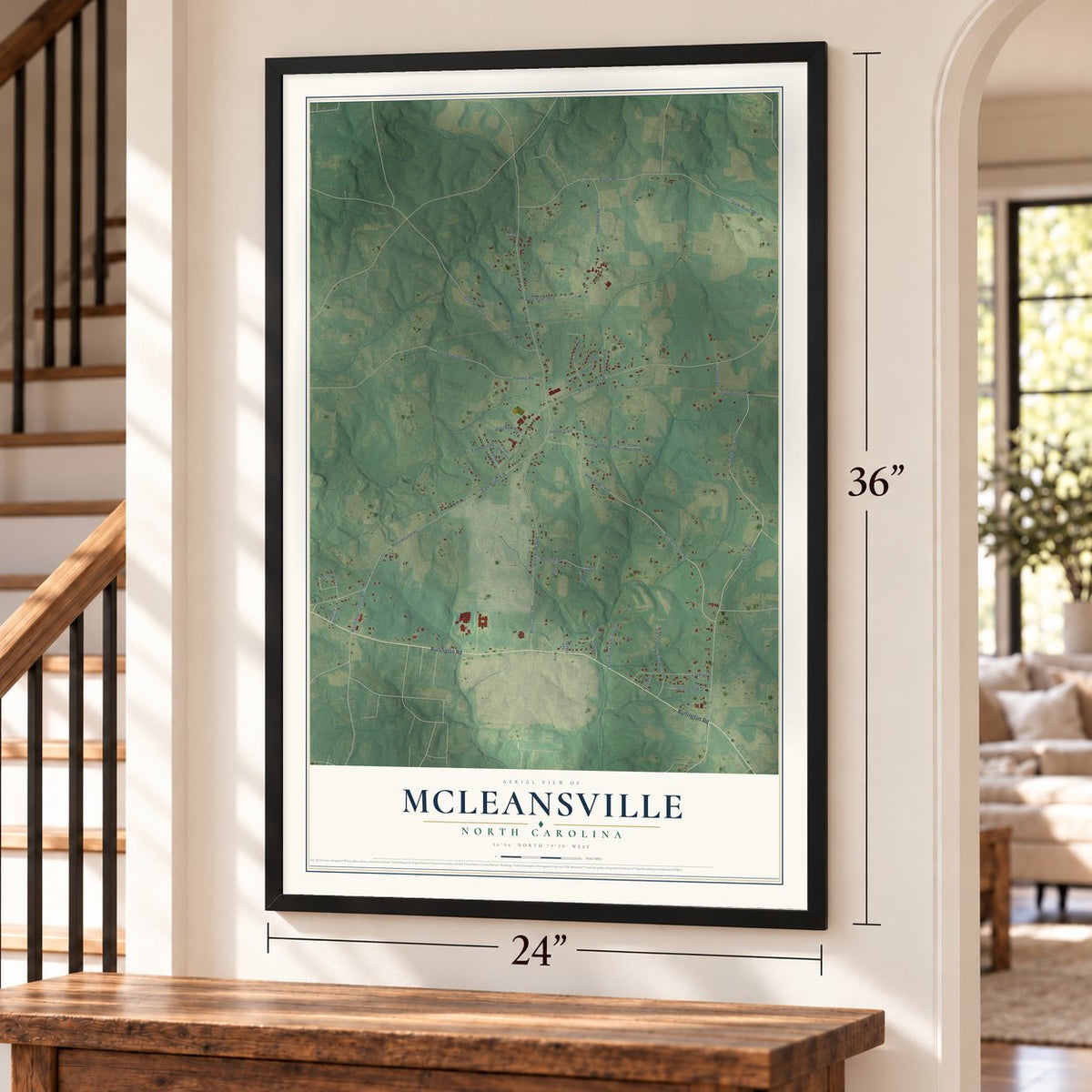 McLeansville, North Carolina map, 24 x 36 inch print in a black frame by a staircase