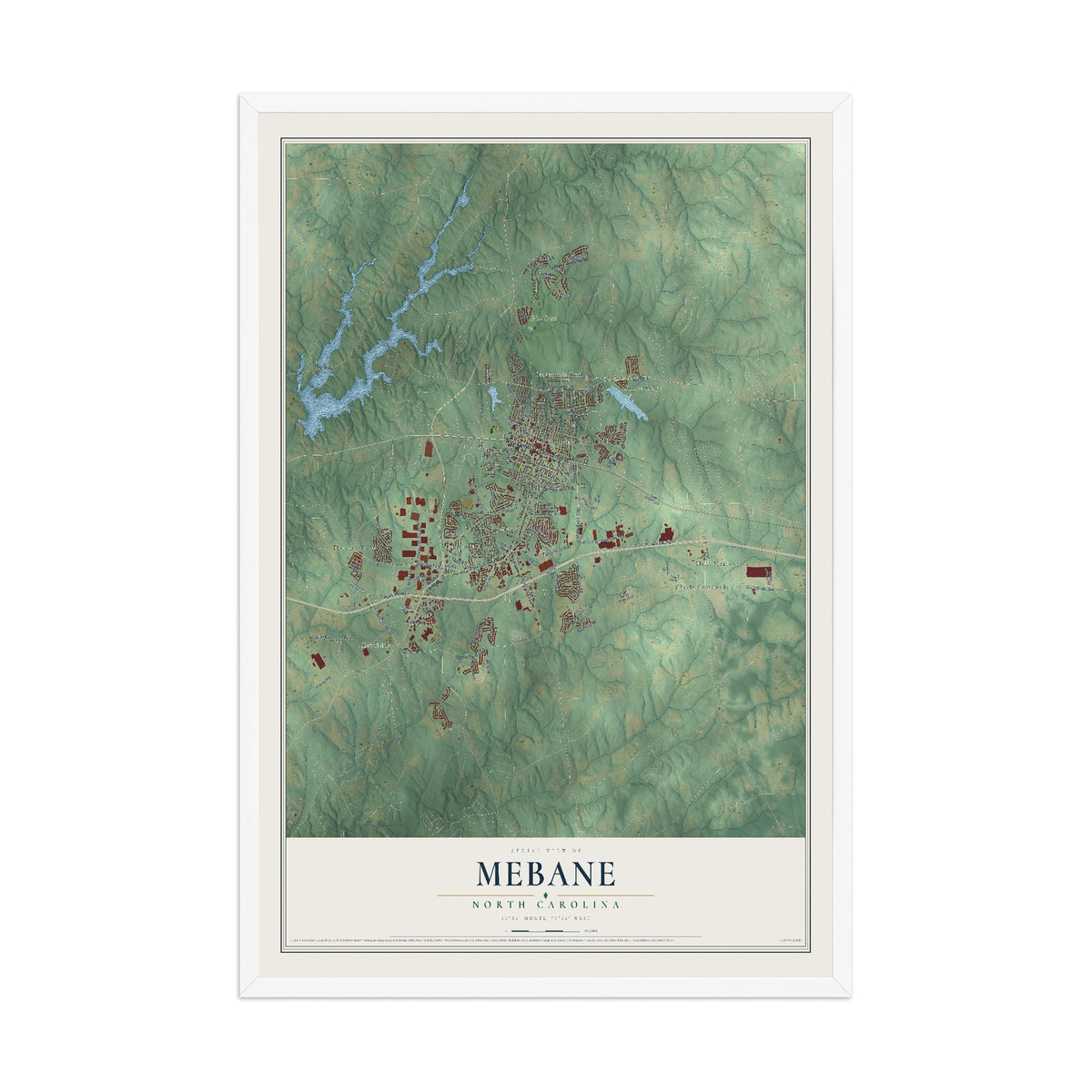 Map of Mebane, North Carolina, 12 x 18 inch print in a white wood frame