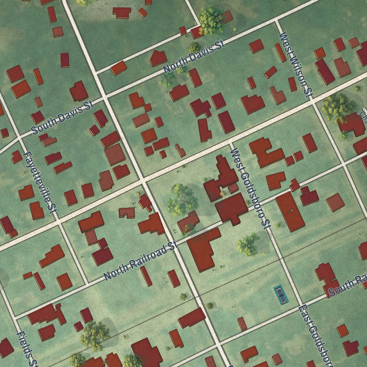 Close-up of the map of Micro, North Carolina print showing street and building detail