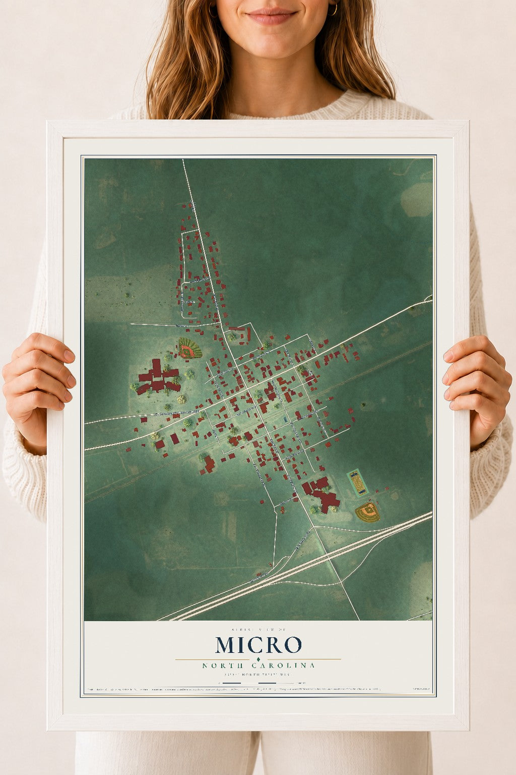 Map of Micro, North Carolina, 18 x 24 inch print in a white wood frame