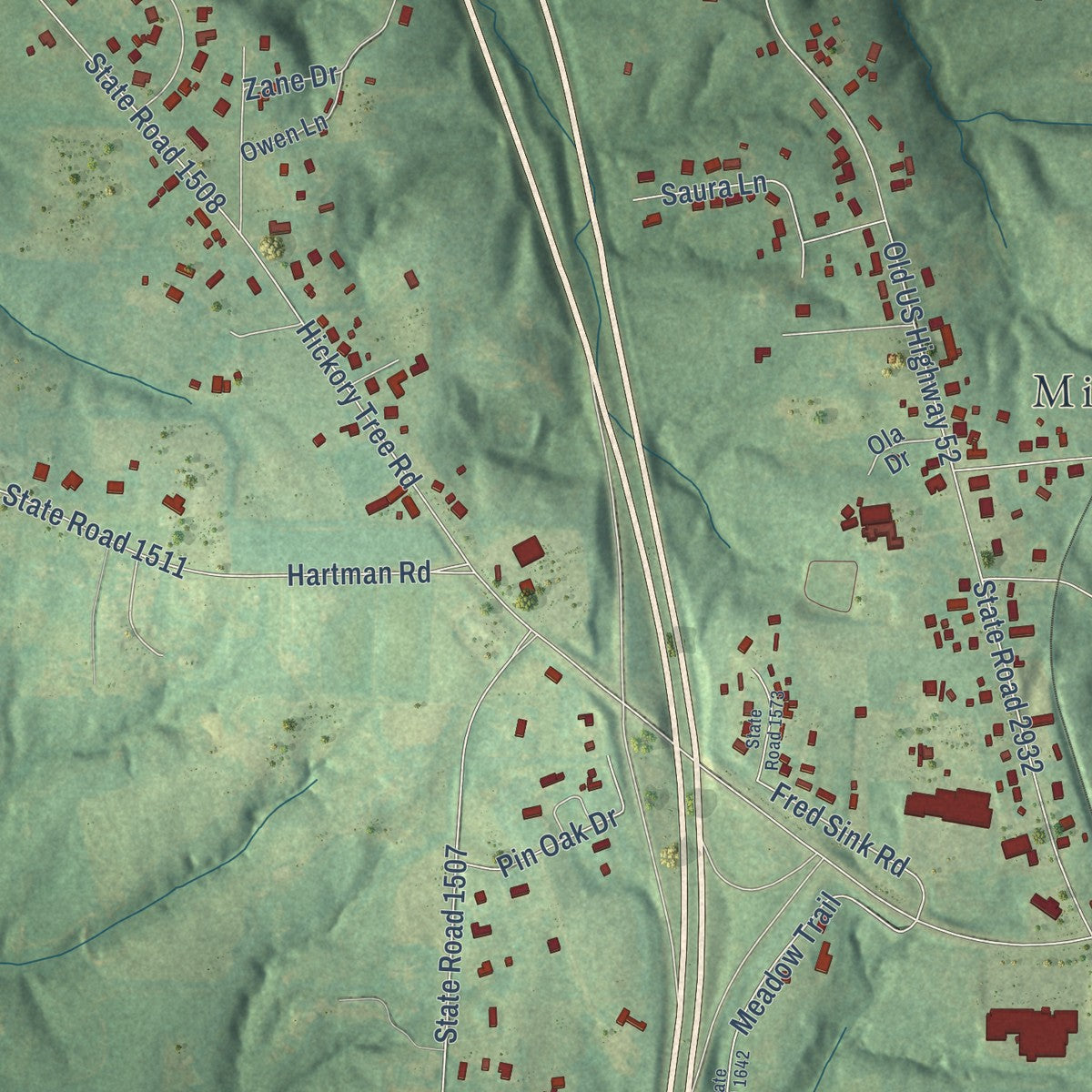 Close-up of the map of Midway, North Carolina print showing street and building detail