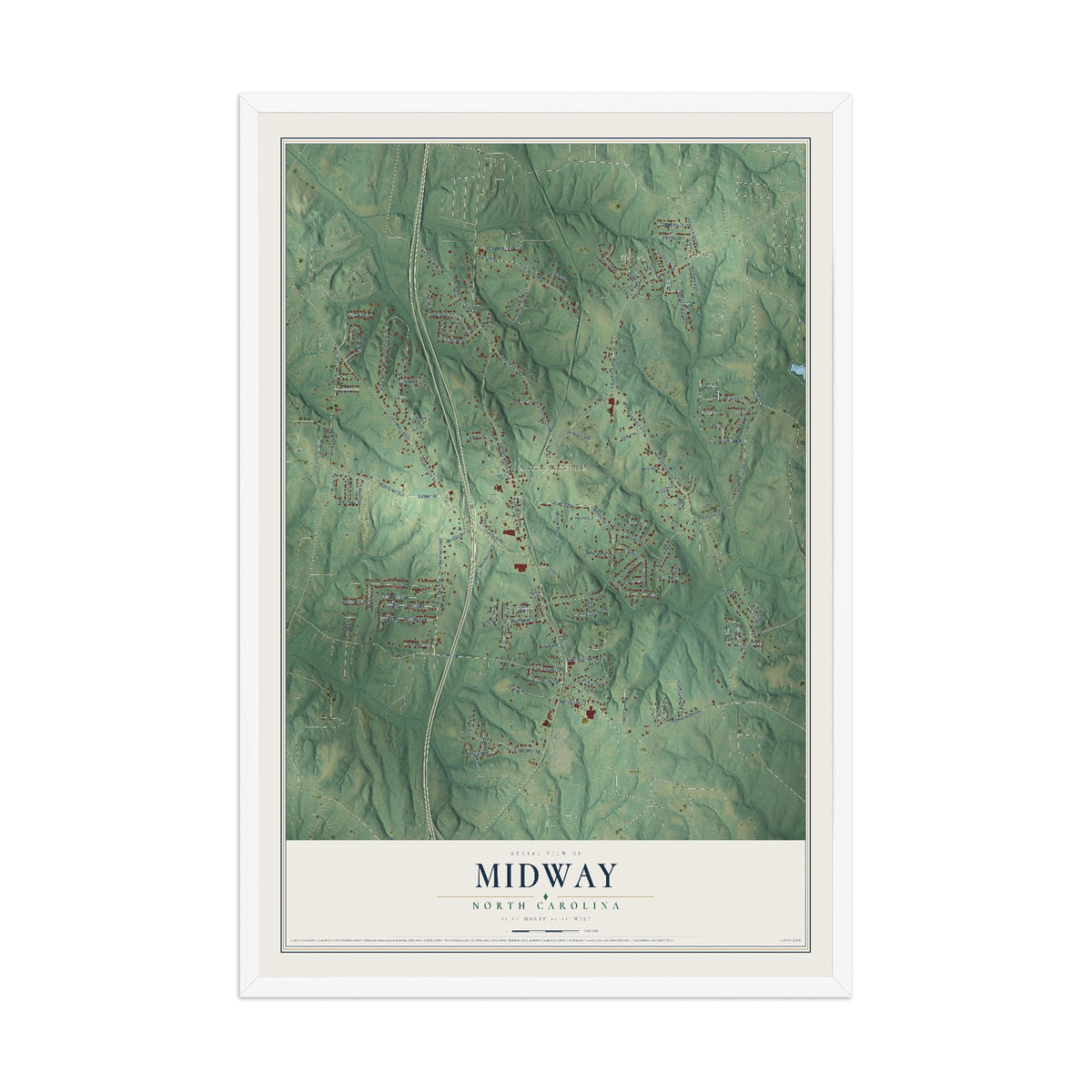 Map of Midway, North Carolina, 12 x 18 inch print in a white wood frame