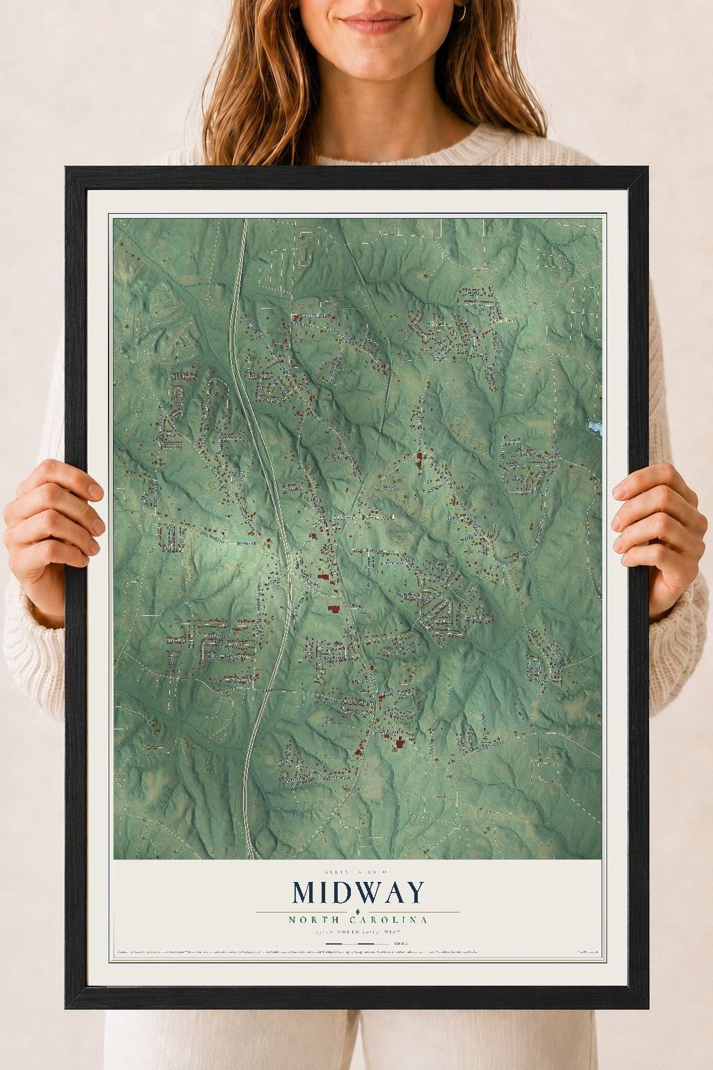 Map of Midway, North Carolina, 18 x 24 inch print in a black wood frame