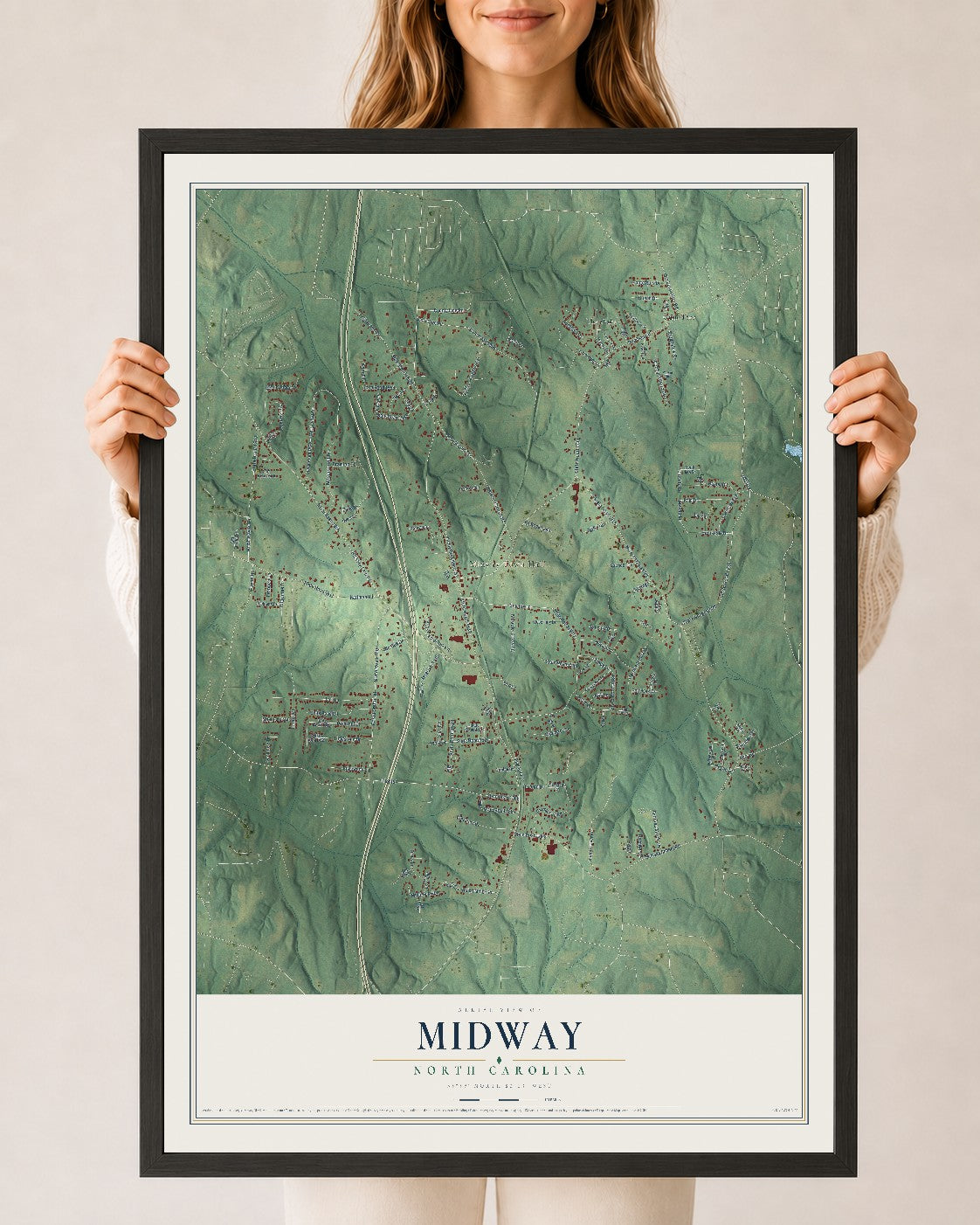 Map of Midway, North Carolina, 24 x 36 inch print in a black wood frame